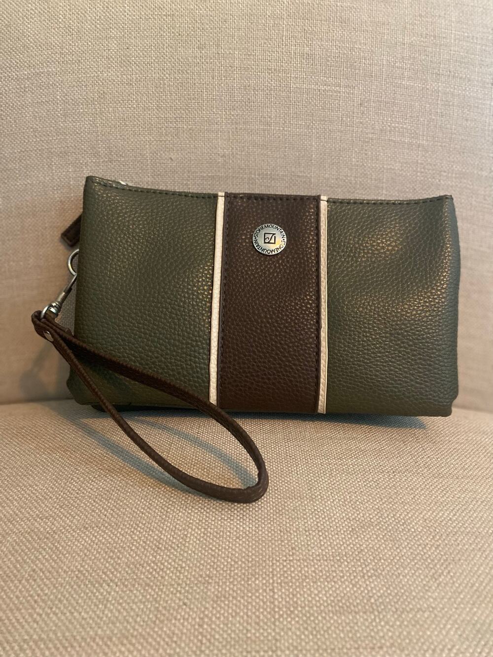 Stone Mountain pebbled leather large multi compartment wristlet in olive/brown - Picture 1 of 14
